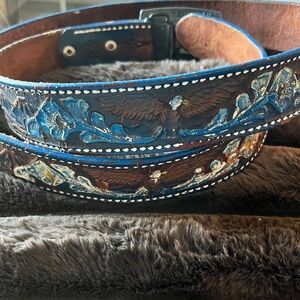 1980’s Handcrafted Genuine Leather Belt with Eagle, Sunset, and Floral Design.